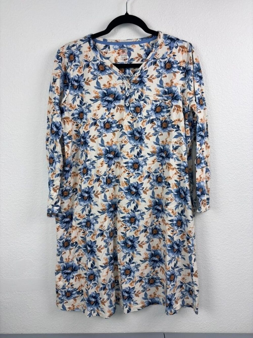 Poppy & Clay medium blue floral long sleeve 100% organic cotton nightgown lounge